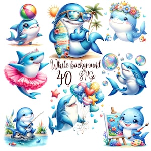 40 JPG, Cute Shark Clipart bundle, Watercolor  Shark clipart, Sharks design, Cute Shark, Sea Creatures, Shark Printables,Commercial Use