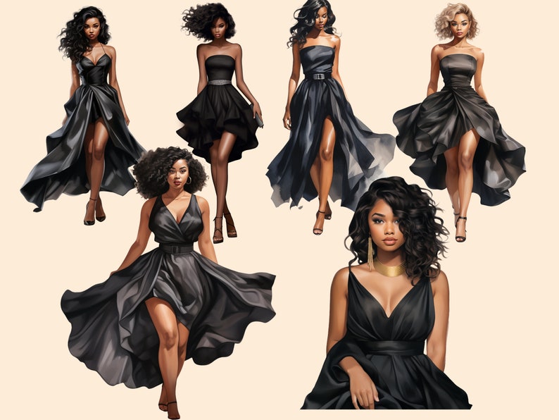 16 Black Woman clipart, Bridesmaid clipart, Prom Black girl clipart, Women of Color clipart,clipart for Planner Sticker, black dress clipart image 2