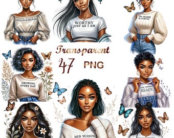 Black Girl Affirmations PNG Bundle, 47 PNG Afro Woman Clipart, Motivational Quotes, Sublimation, Commercial Use, Digital Download