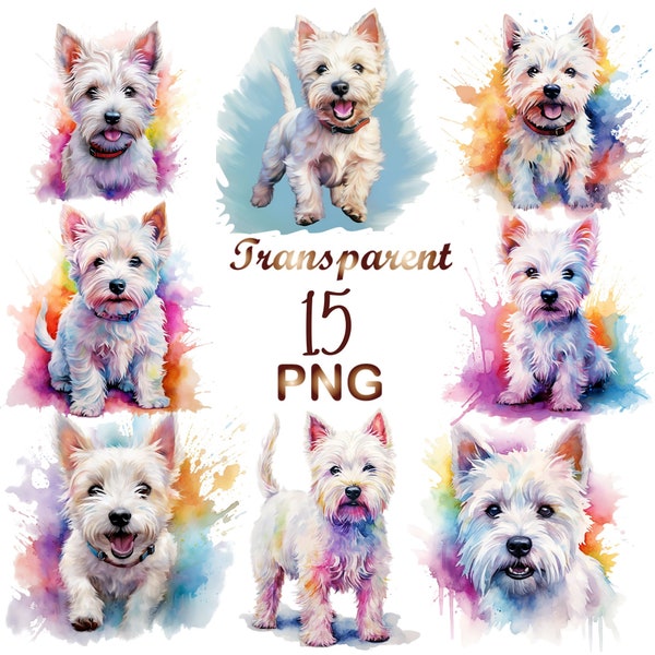 15 Westie Dogs Watercolor Clipart, PNG,Bundle High Quality,West Highland White Terrier,Watercolor Dogs and Puppies,Commercial Use, Cute