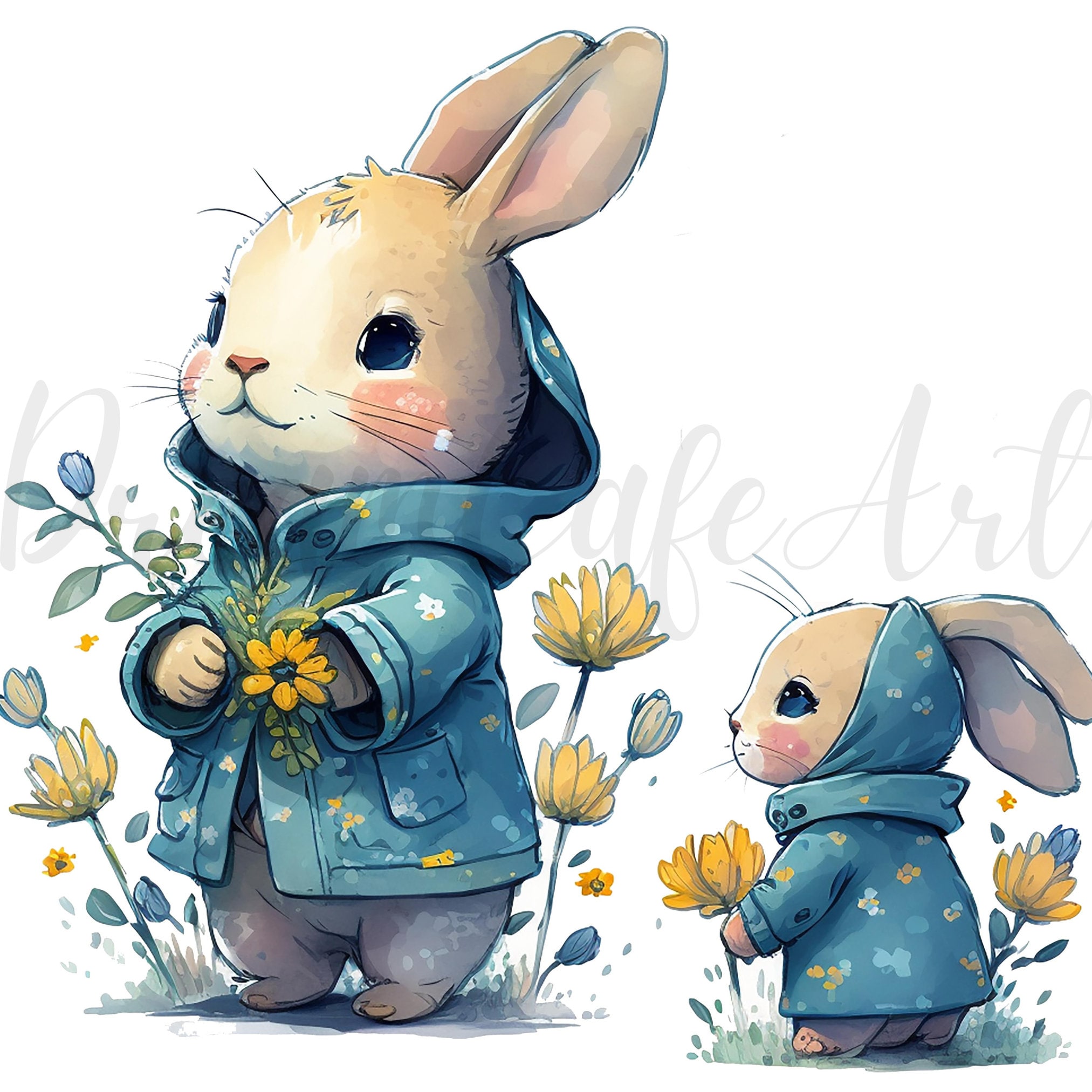 Watercolor Bunny Flower Clipart, Cute Rabbit PNG JPG (digital Download ...
