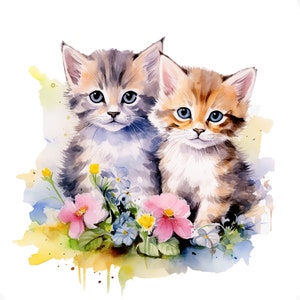 May include: A watercolour painting of two kittens with blue eyes, one grey and the other brown and white, amidst pink and blue flowers. The artwork has a soft, colourful, and whimsical style, suitable for nursery decor or a cat lover's gift.