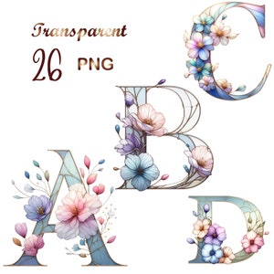 26 PNG, Watercolor Stained Glass Flowers Alphabet Collection Clipart, Alphabet Clipart, Baby Milestone Clipart, Digital Download