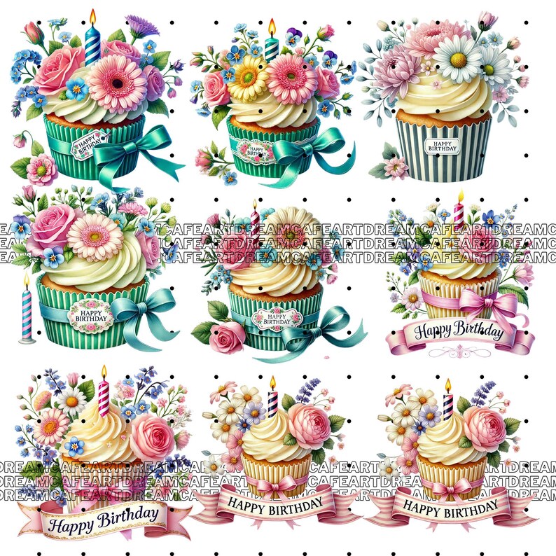 140 PNG Floral Cupcake Clipart Bundle – Watercolor Birthday Cupcakes ...