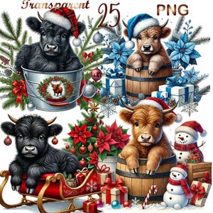 25 PNG, Christmas Highland Cows Clipart bundle, Festive Cow Graphics designs, Instant Digital Download, Unlimited Commercial Use