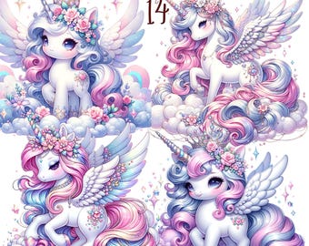 May include: Four digital illustrations of cute cartoon unicorns with pink, blue, and white manes and tails. Each unicorn has a crown, flowers, and wings. The unicorns are on a white background with clouds.