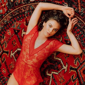 Hidden Intimates Sheer Reversible Red Lace Teddy