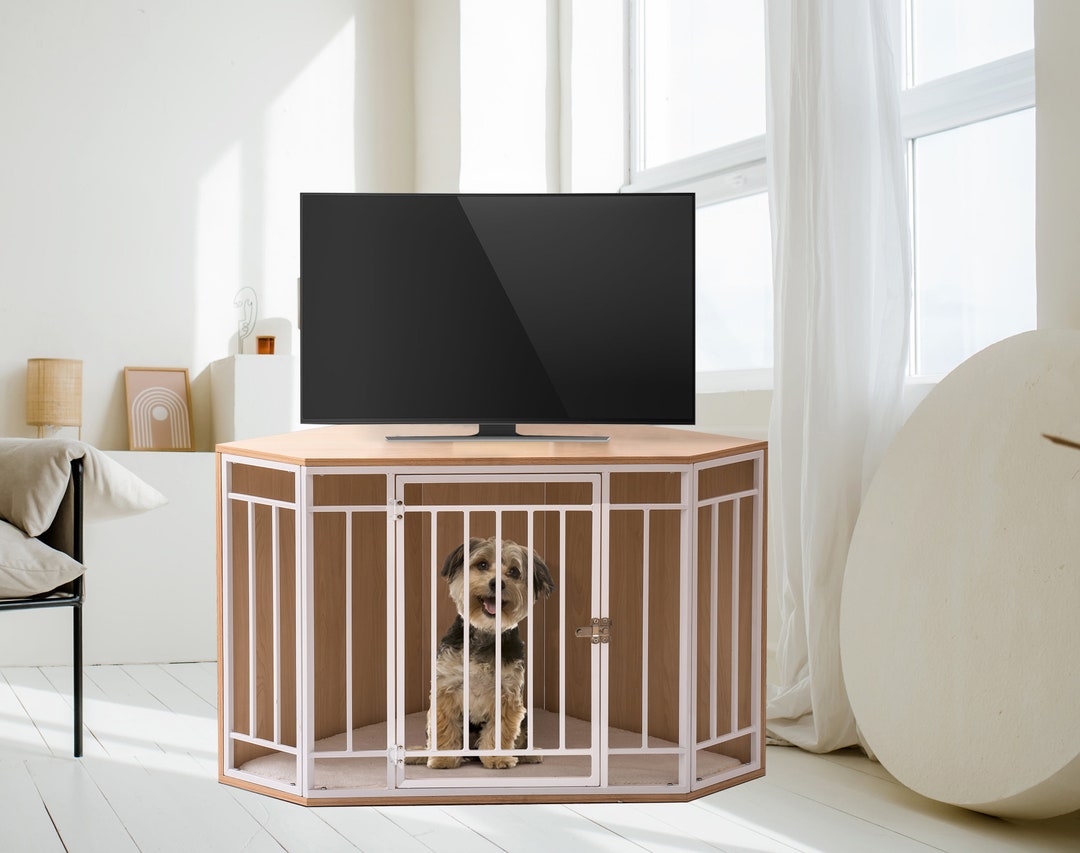 Corner Dog Crate With Cushion Dog Kennel With Wood and Mesh Etsy