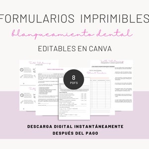 Formulários de pacientes editáveis para clareamento de dentes em ESPANHOL, cartão de cuidados posteriores para clareamento de dentes, formulário de liberação de foto, pacote de formulários, negócios de clareamento