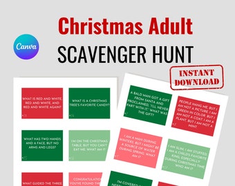 Peut inclure: Un jeu de chasse au trésor de Noël imprimable avec des cases rouges et vertes contenant des devinettes. Le jeu comprend des phrases comme "Qu'est-ce qui est rouge et blanc, rouge et blanc, et rouge et blanc encore ?" et "Quel est le bonbon préféré d'un sapin de Noël ?"