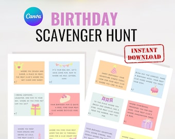 Puede incluir: Un conjunto de tarjetas imprimibles de colores para una búsqueda del tesoro de cumpleaños. Las tarjetas tienen instrucciones para una búsqueda del tesoro con pistas para cada ubicación. Las tarjetas tienen un fondo rosa, amarillo, azul y morado con ilustraciones de una corona, un pastel, un sombrero de cumpleaños, un cepillo de dientes, una bicicleta, un espejo, un libro, una cama, una galleta y un plato.