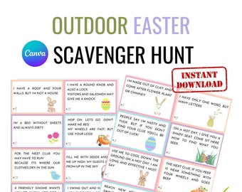 May include: A printable Easter scavenger hunt game with 10 colorful cards featuring clues and images. The cards are designed with a pink, green, and yellow color scheme and feature bunnies, flowers, and other Easter-themed imagery.