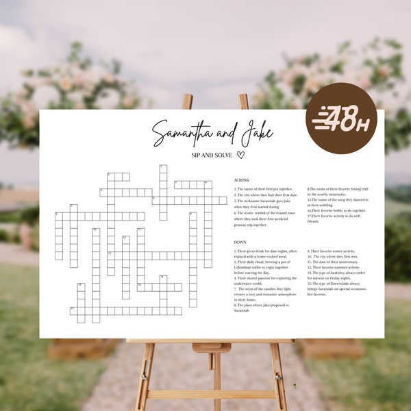 Wedding Crossword Digital | Personalized Sip and Solve | Bridal Shower Crossword Game Printable| Wedding Crossword Puzzle