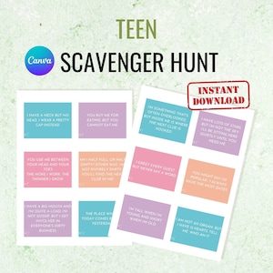 May include: A printable scavenger hunt game for teenagers with colourful cards featuring riddles and clues. The cards have text such as "I have a neck but no head, I wear a pretty cap instead" and "I greet every guest but never say a word".
