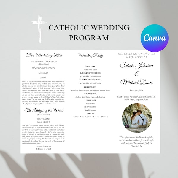 Catholic Wedding Program Template Canva| | Trifold Catholic Program Digital Download | Minimalistic Wedding Mass Program