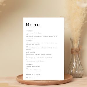Menu di nozze minimalista modificabile/carta di cibo per matrimonio semplicistico/modello Canva digitale/menu della macchina da scrivere per costumi bianco nero/SPERANZA