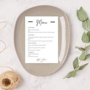 Menu di nozze minimalista modificabile/carta di cibo per matrimonio semplicistico/modello Canva digitale/menu semplice costume bianco nero/GIOIA