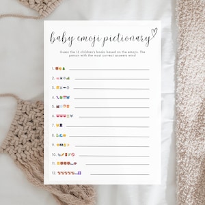 Emoji Pictionary Livre pour enfants | Solutions de jeux de pictionary Emoji pour baby shower | Emoji Baby Shower Jeu de devinettes | Toile modifiable | B1