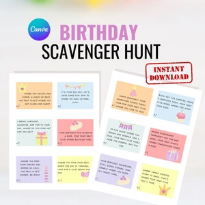Geburtstags-Schnitzeljagd für Kinder | Indoor-Geburtstags-Schatzsuche Hinweise ältere Kinder| Geburtstag Aktivität Kinder und Jugendliche| Canva Sofort Download