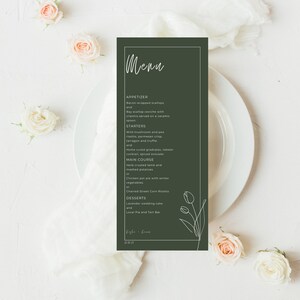 Menú de boda minimalista editable / Tarjeta de comida de matrimonio tulipán / Plantilla Canva digital / Menú de flores de disfraces verde / LUST