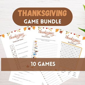 May include: A bundle of 10 Thanksgiving games with a brown background and fall leaves. The games include a gratitude game, an emoji game, and a word search. The text "Thanksgiving Game Bundle" is in large, bold, orange letters.