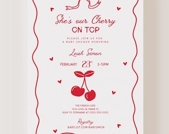 Cherry Baby Shower Invitation , Editable Invite, Cherry on top Invite, Modern Baby Shower Invite, minimal, bows, berries