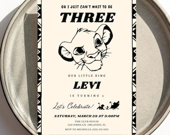 Lion King Birthday Invitation, I Just Can't Wait to be Three, 3rd Birthday Invite, B&W Simba Birthday Invitation, EDITABLE invitation