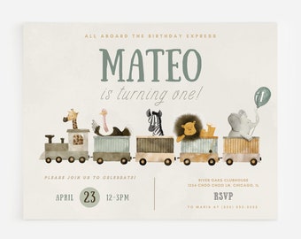 All Aboard Train Invitation, Train Invite, 1st Birthday Invitation, Cute Animal Invite, Instant Download | EDITABLE