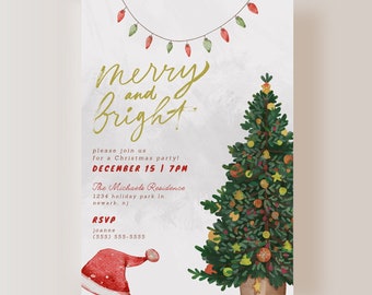 Merry and Bright Christmas Invite, Christmas Party Invitation, Holiday Party Invitation Template, Instant Digital Download