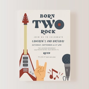 Invitación de cumpleaños de Born Two Rock SOLAMENTE, Cumpleaños de Born Two Rock, Invitación al tema de la guitarra, Descarga instantánea, EDITABLE