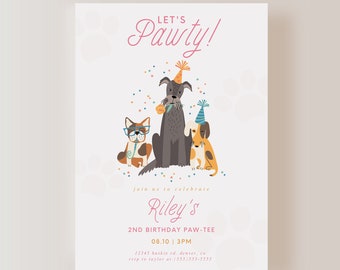 May include: A white invitation card with a pink paw print design. The card features a cartoon illustration of three dogs wearing party hats and holding party favors. The text on the card reads "Let's Pawty!" and "Join us to celebrate Riley's 2nd Birthday Paw-Tee 08.10 | 3PM".