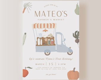 May include: A blue and white illustrated invitation for a first birthday party. The invitation features a cartoon truck with a farmer's market theme. The text on the invitation reads "Mateo's Farmer's Market" and "Let's celebrate Mateo's First Birthday!" The invitation also includes the date and time of the party, as well as the address and RSVP information.