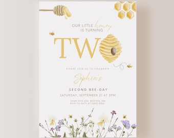 Bee Birthday Invitation ONLY, Second Bee-day Birthday, Bee Invitation, Second Birthday Invite, Instant Download, EDITABLE