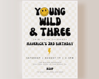 Young Wild and Three Invitation, 3rd Birthday, Retro Boy Birthday Invitation, Instant Download | EDITABLE