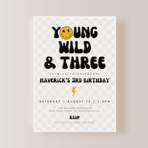 Young Wild and Three Invitation, 3rd Birthday, Retro Boy Birthday Invitation, Instant Download | EDITABLE