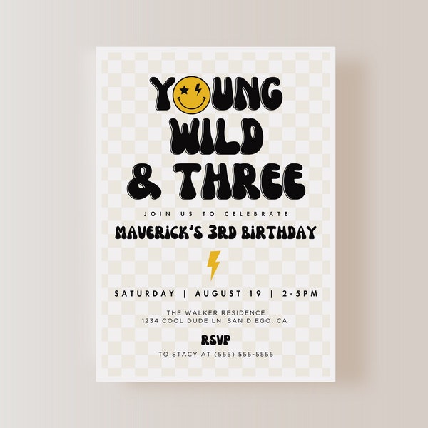 Young Wild and Three Invitation, 3rd Birthday, Retro Boy Birthday Invitation, Instant Download | EDITABLE