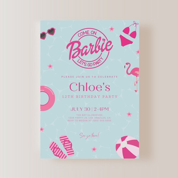 Doll Party Invitation, Doll Birthday Party, Hot Pink Birthday Party Invitation, Pool Party Doll Birthday Invitation, EDITABLE Invitation