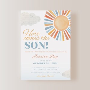 Here Comes the Son Baby Shower Invitation ONLY, Boy Baby Shower Invitation, Baby Shower Invite, Instant Download, EDITABLE