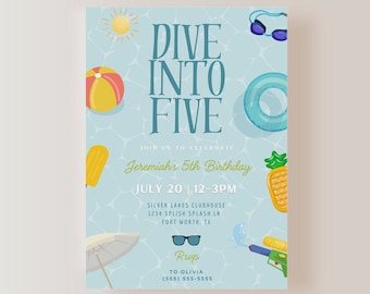 Dive into Five EDITABLE Birthday Invitation, Summer Bash birthday, Summer Invite, Pool Party Invitation, Splash Splash, Instant Download