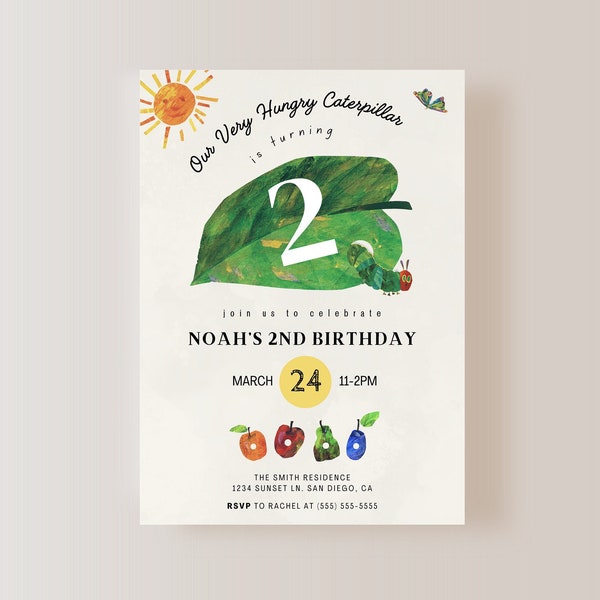 The Very Hungry Caterpillar Editable Digital invitation, Kids Birthday Invite, Instant Download, Kids birthday Invite