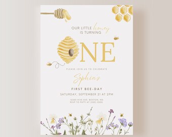 Bee Birthday Invitation ONLY, First Bee-day Birthday, Bee Invitation, First Birthday Invite, Instant Download, EDITABLE