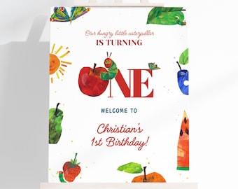 Panneau de bienvenue d'anniversaire de chenille très affamée, panneau de bienvenue d'anniversaire de chenille affamée, fichier MODifiable, TVHCA
