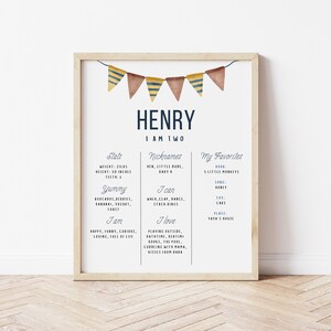 May include: A printable poster with a blue and yellow bunting banner at the top. The poster is decorated with watercolour illustrations and features the name "Henry" and the text "I am two". The poster lists Henry's stats, favourite foods, activities, and things he loves.