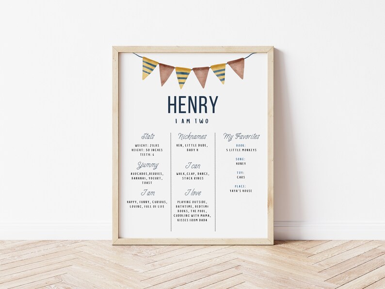 May include: A printable poster with a blue and yellow bunting banner at the top. The poster is decorated with watercolour illustrations and features the name "Henry" and the text "I am two". The poster lists Henry's stats, favourite foods, activities, and things he loves.