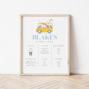 Baby on the Bus Milestone Board, Bus Milestone Chart, Baby&#39;s First Year Milestone Sign, Bus Stats Sign, Editable Template First Year