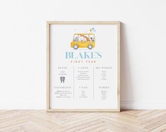 May include: A yellow bus with animal passengers, a printable chart for a child's first year, with stats, favorites, words, and abilities. The chart includes the child's name, Blake, and the text "First Year".