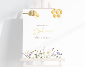 First Bee-Day Welcome Sign, Bee Birthday Welcome Sign, EDITABLE File, INSTANT DOWNLOAD