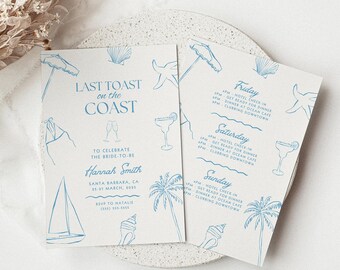 Last Toast On The Coast Bachelorette Itinerary, Beach Bachelorette Party Invitation, 30A Bachelorette Invitation, Editable in Canva