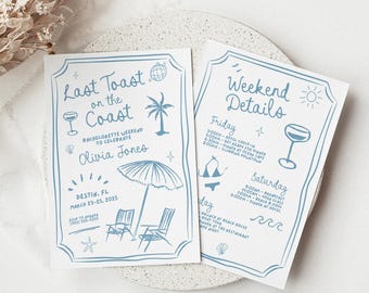 Last Toast On The Coast Bachelorette Itinerary, Beach Bachelorette Party Invitation, 30A Bachelorette Invitation, Editable in Canva