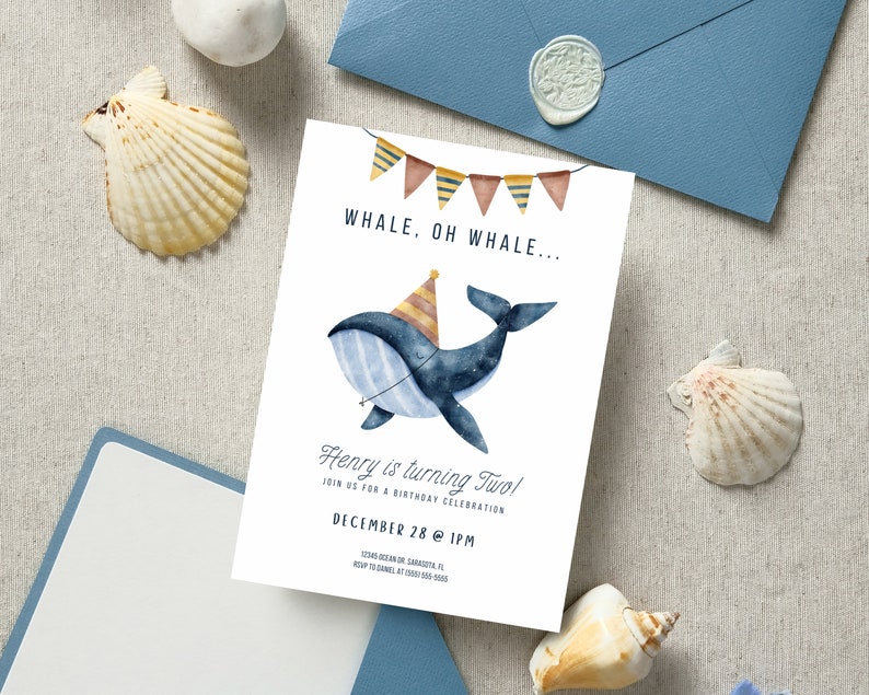 May include: A blue whale with a party hat and a string of colourful flags above it. The text on the invitation reads "Whale, Oh Whale... Henry is turning Two! Join us for a birthday celebration December 28 @ 1PM"